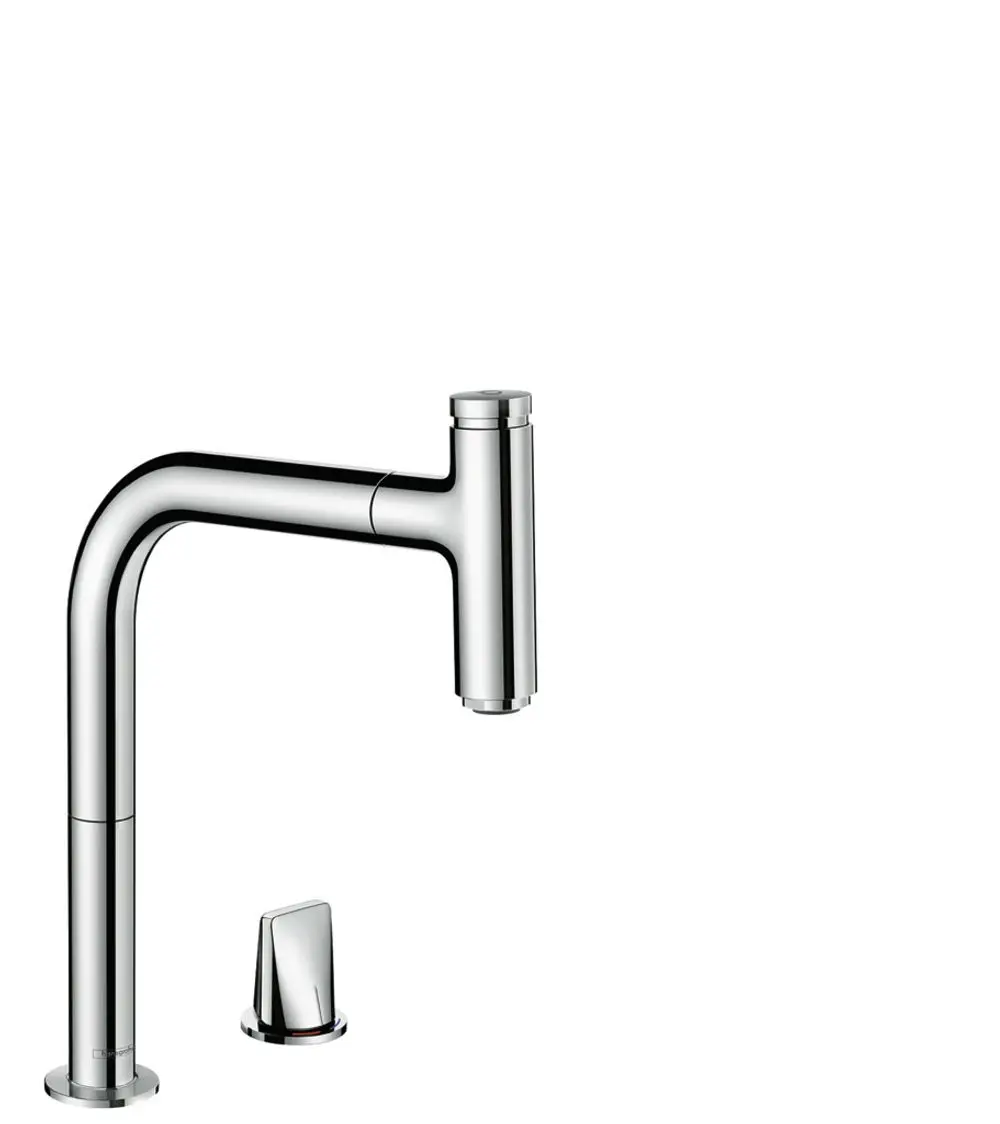 Küchenmischer von Hansgrohe mit einem gebogenen Auslauf und einem separaten Bedienelement. Die Oberfläche ist verchromt und wirkt modern.